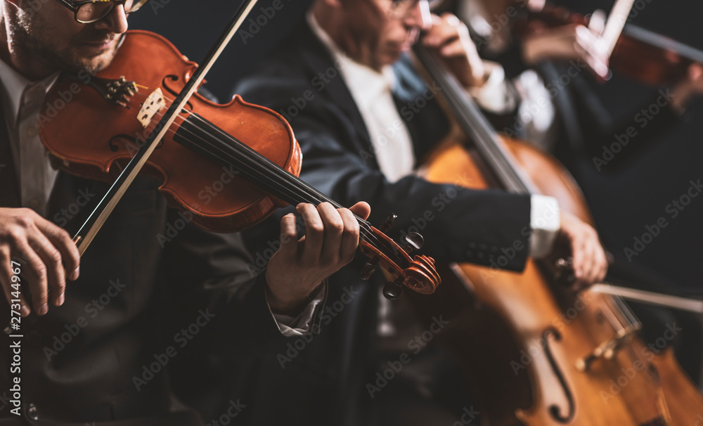 Fototapeta premium Symphonic string orchestra performing on stage