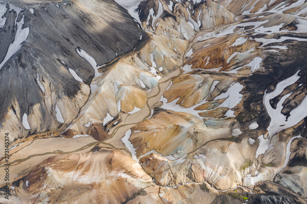 Landmannalaugar National Park - Iceland. Rainbow Mountains. Aerial view of beautiful colorful volcanic mountains. Top view. Picture made by drone from above. Landmannalaugar National Park - Iceland. Rainbow Mountains. Aerial view of beautiful colorful volcanic mountains. Top view. Picture made by drone from above.