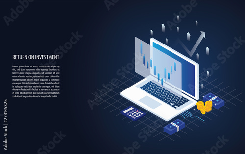 Isometric return on investment ROI graph and chart  in a laptop with forex candlestick signal, arrow and gold coin. business growth arrows to success. background vector