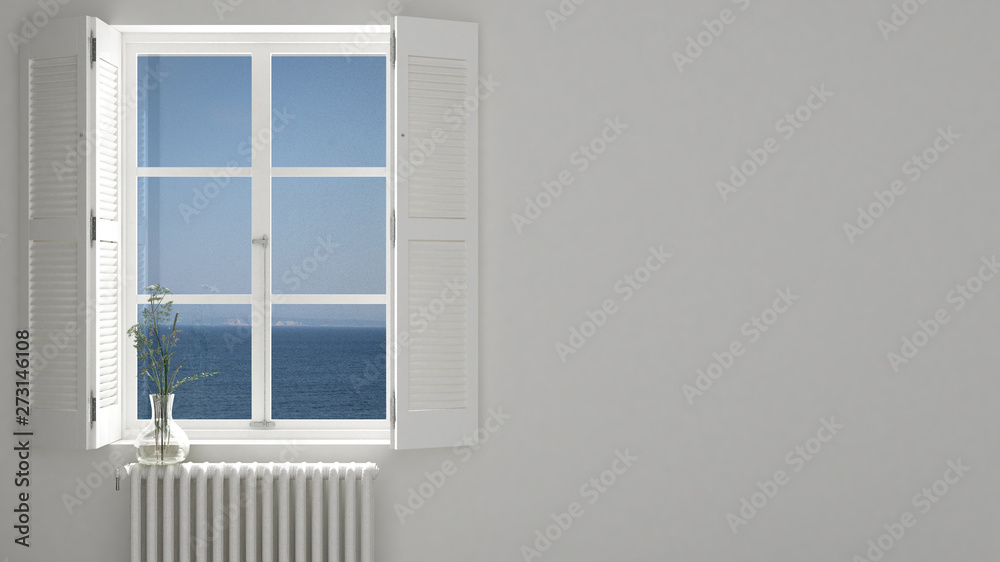 Stylish empty room with panoramic window close-up, classic shutters, glass vase with flowers. Sea landscape, sailboat. White background with copy space, interior design concept Stylish empty room with panoramic window close-up, classic shutters, glass vase with flowers. Sea landscape, sailboat. White background with copy space, interior design concept