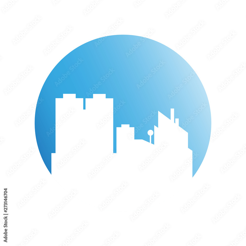 city skyline in blue circle background