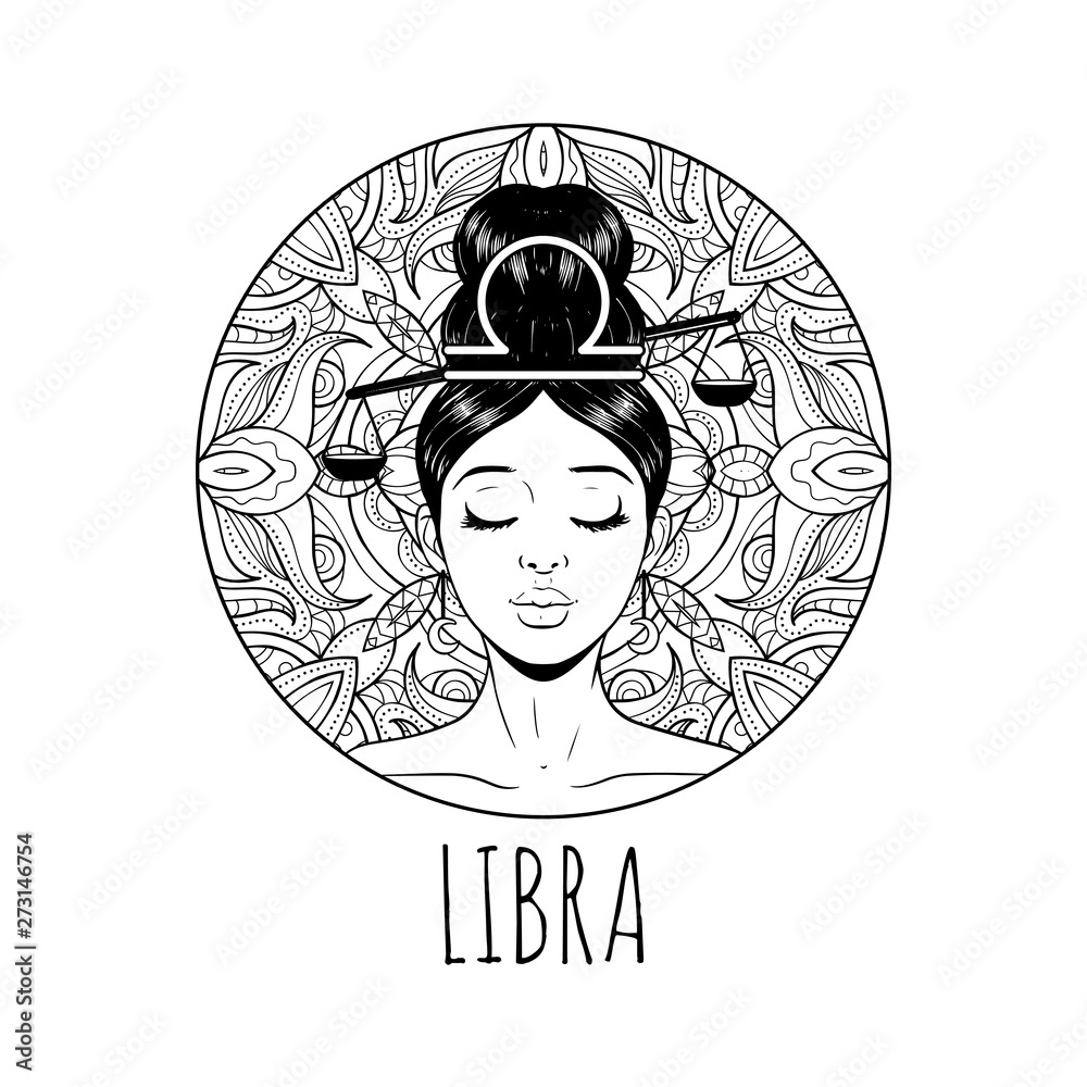 Libra zodiac sign artwork, adult coloring book page, beautiful ...