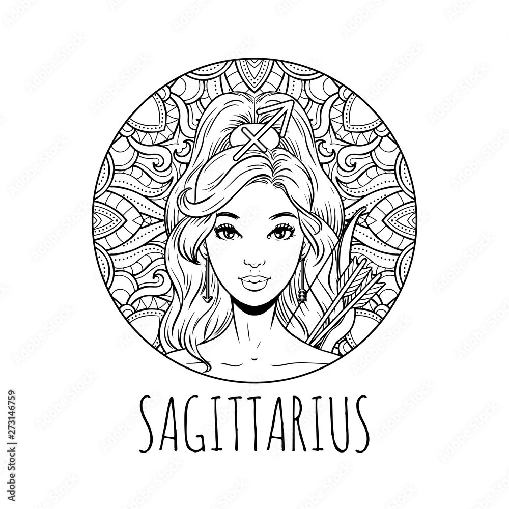 Sagittarius zodiac sign artwork, adult coloring book page ...