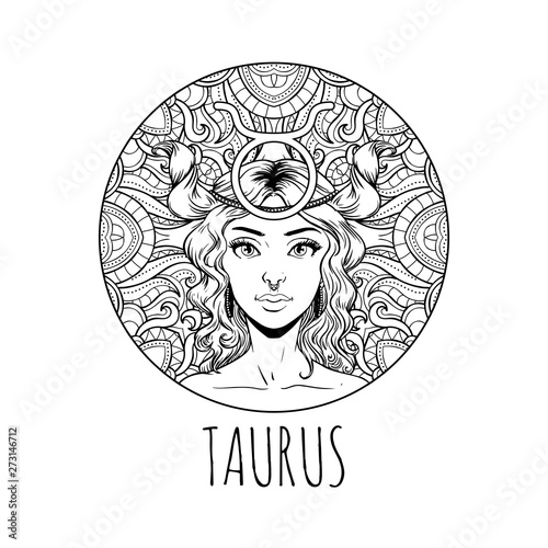 Taurus zodiac sign artwork, adult coloring book page, beautiful horoscope symbol girl, vector illustration