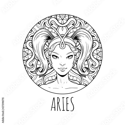 Aries zodiac sign artwork, adult coloring book page, beautiful horoscope symbol girl, vector illustration