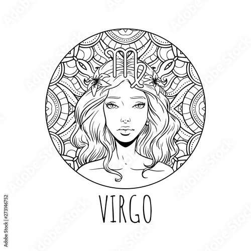 Tela Virgo zodiac sign artwork, adult coloring book page, beautiful horoscope symbol