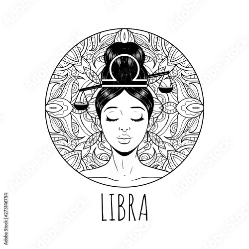 Libra zodiac sign artwork, adult coloring book page, beautiful horoscope symbol girl, vector illustration
