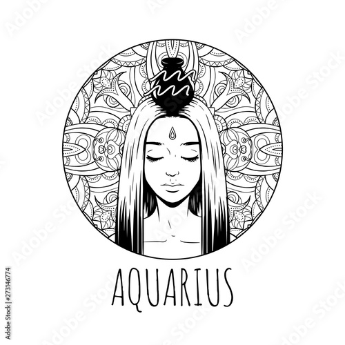 Aquarius zodiac sign artwork, adult coloring book page, beautiful horoscope symbol girl, vector illustration