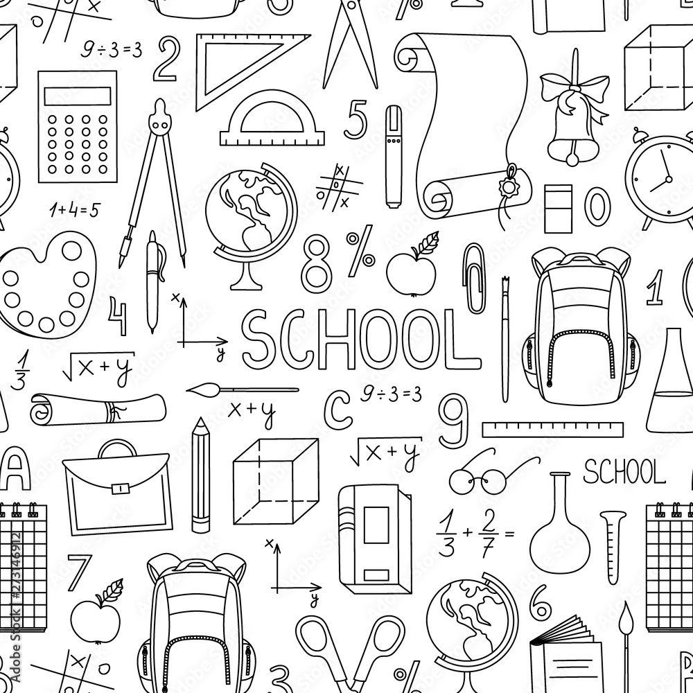 Back to school seamless pattern. Hand drawn vector school supplies, stationery isolated on white background. Back to school seamless pattern. Hand drawn vector school supplies, stationery isolated on white background.
