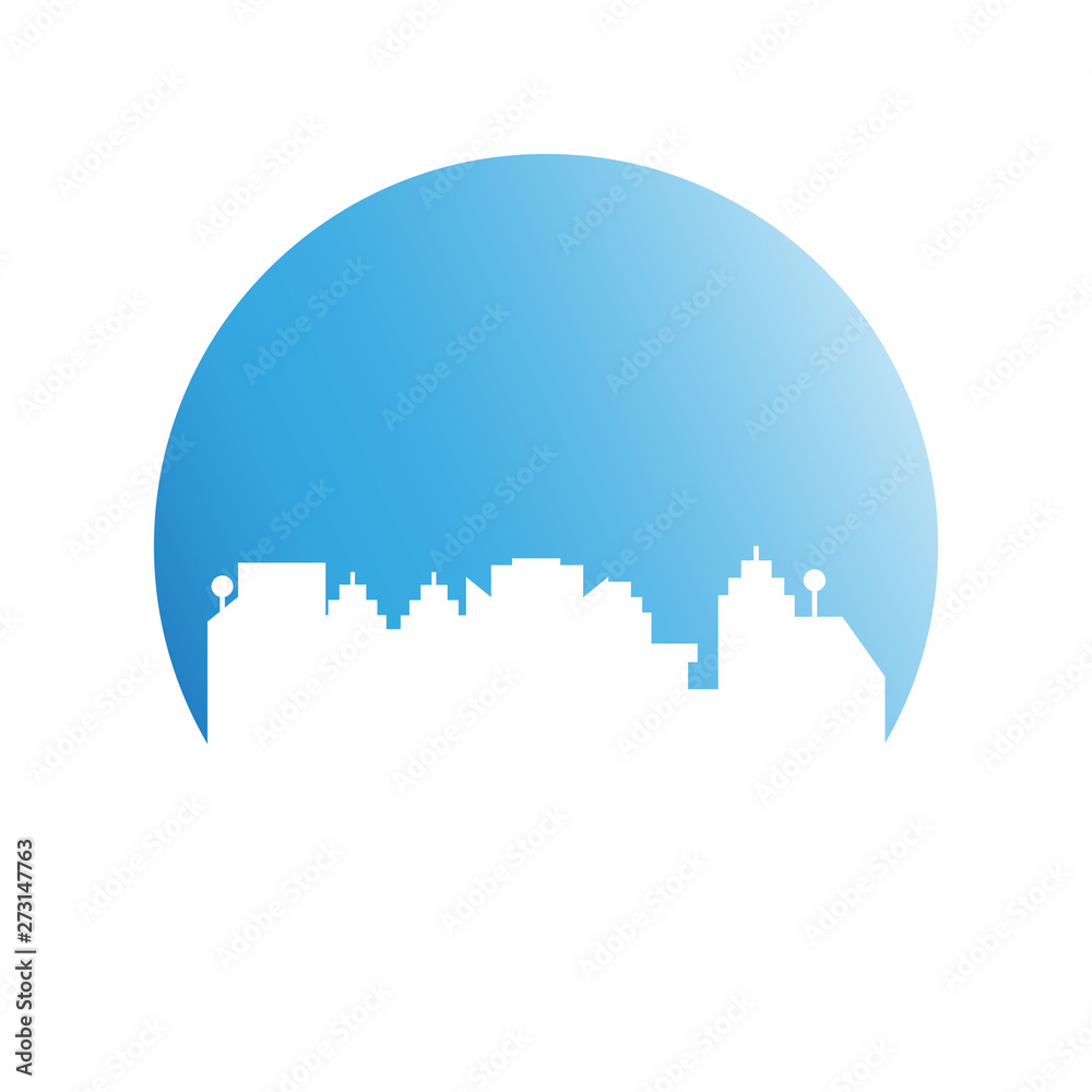 city skyline in blue circle background city skyline in blue circle background