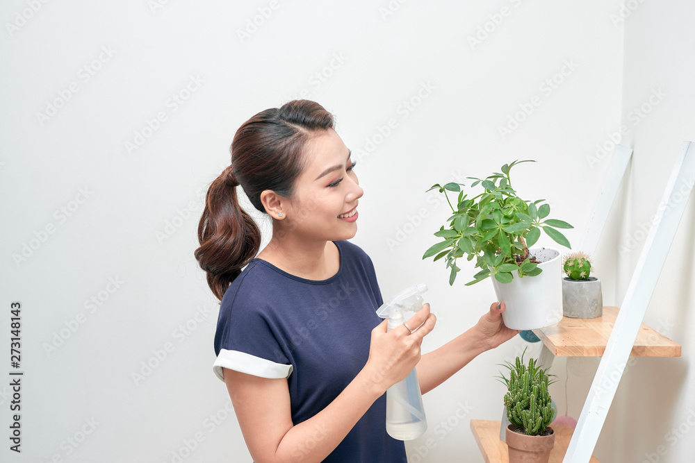 young attractive asian woman who gives water to a plant young attractive asian woman who gives water to a plant