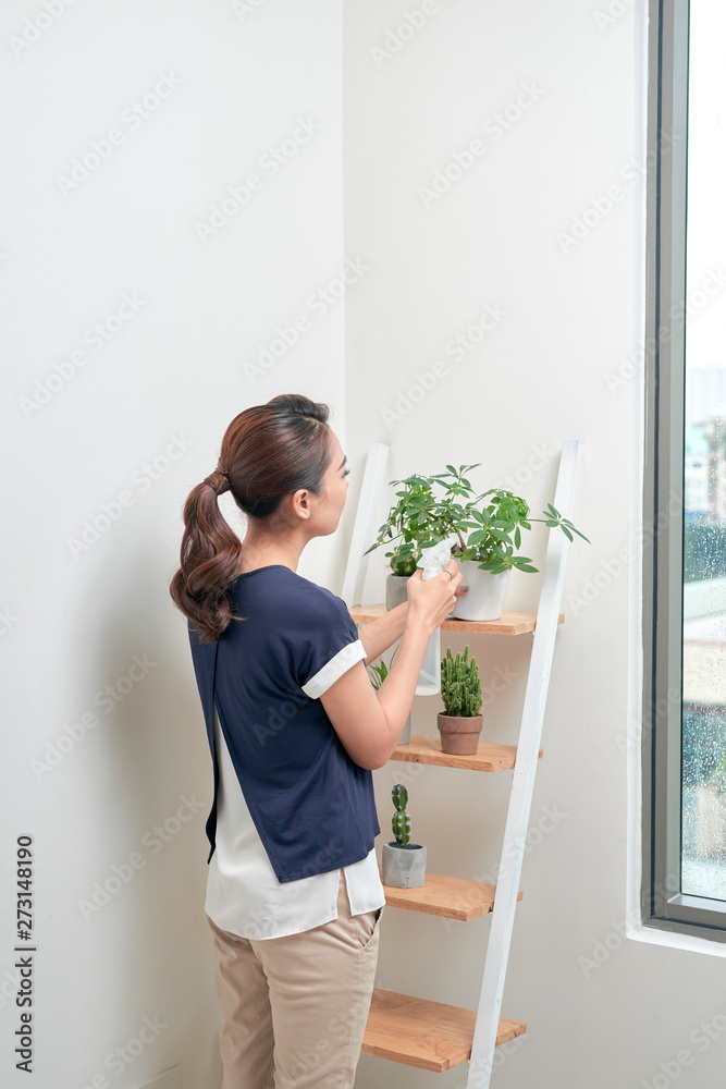 young attractive asian woman who gives water to a plant young attractive asian woman who gives water to a plant