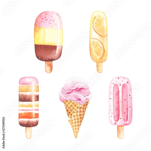 Ice cream collection of ice lolly with fruits, chocolate and waffle cone, vector illustration in vintage watercolor style.