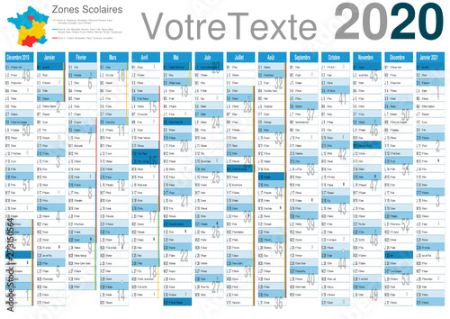Calendrier 2020 a3 14 mois avec vacances scolaires officielles entièrement modifiable via calques et texte arial	