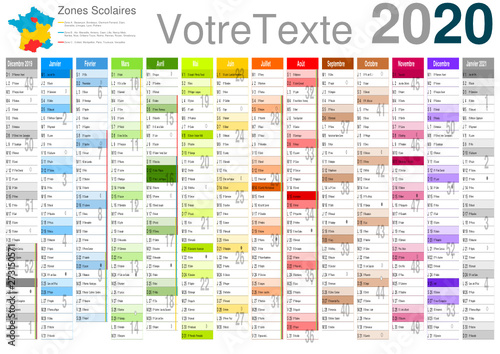 Calendrier 2020 a3 14 mois avec vacances scolaires officielles entièrement modifiable via calques et texte arial	