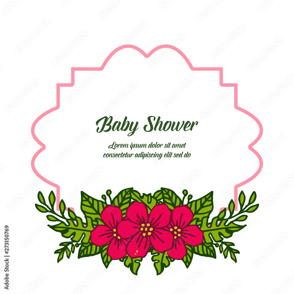 Vector illustration greeting card baby shower with elegant red wreath frame