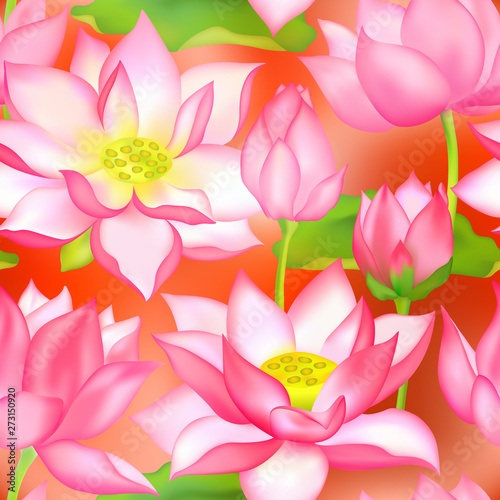 Lotus buds and flowers seamless textile print., Water lilly nelumbo aquatic plant botanical design.
