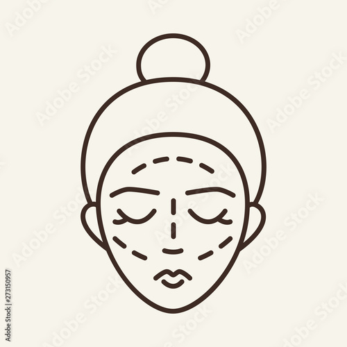 Contour plastic line icon. Woman, female face, dotted lines. Beauty care concept. Vector illustration can be used for topics like massage, plastic surgery, facelift
