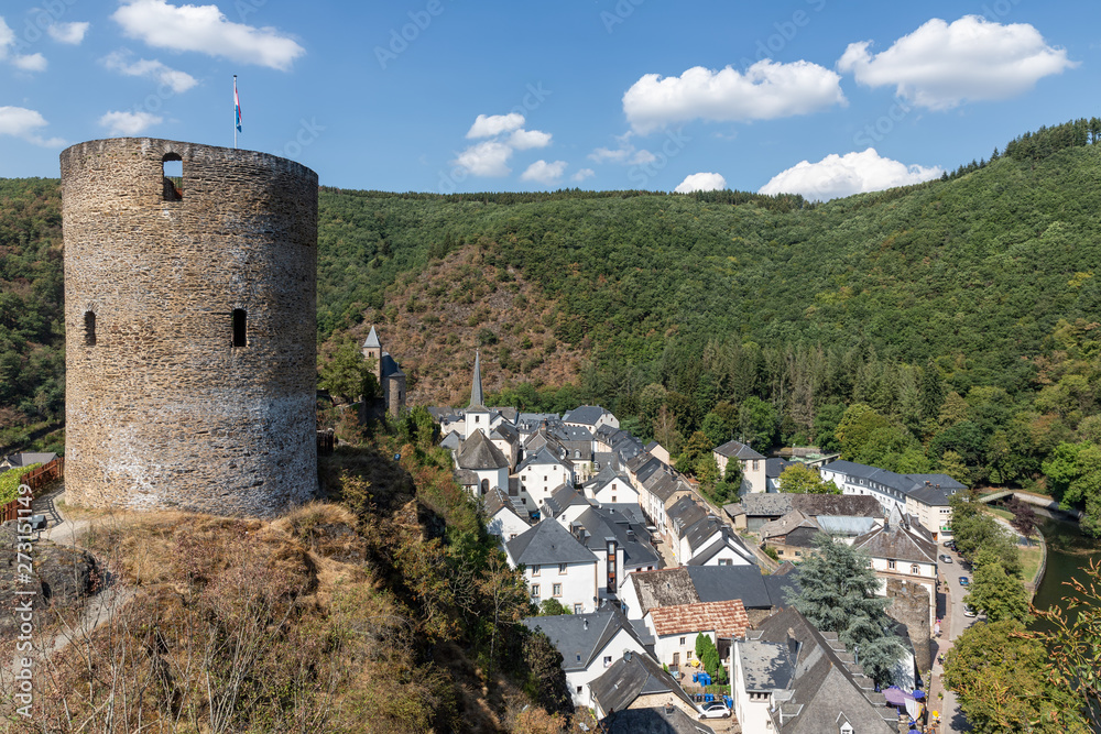 Aerial view castle ruin and village Esch-sur-Sure in Luxembourg