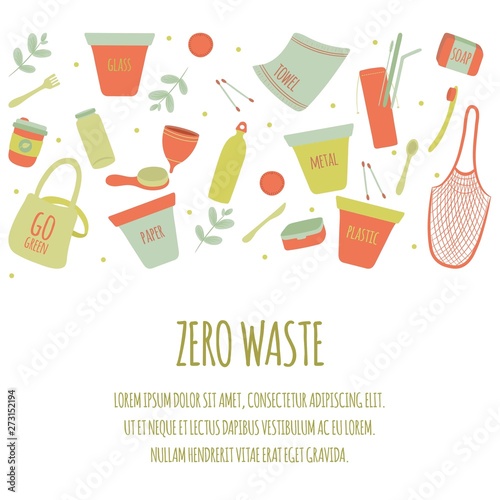Hand Drawn Zero Waste Element Icon Set Background. Eco Green. Less Plastic. Eco Friendly. Eco Green. Eco Life. Earth Day. Infographic. Vector - Illustration.