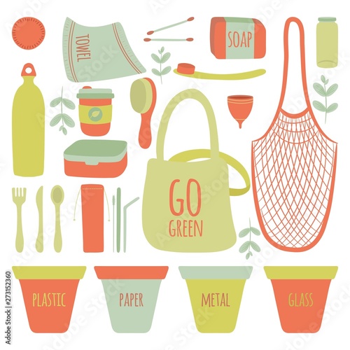 Hand Drawn Zero Waste Element Icon Set Background. Eco Green. Less Plastic. Eco Friendly. Eco Green. Eco Life. Earth Day. Infographic. Vector - Illustration.