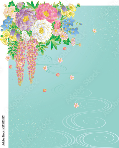 和風の花と流水.背景素材.