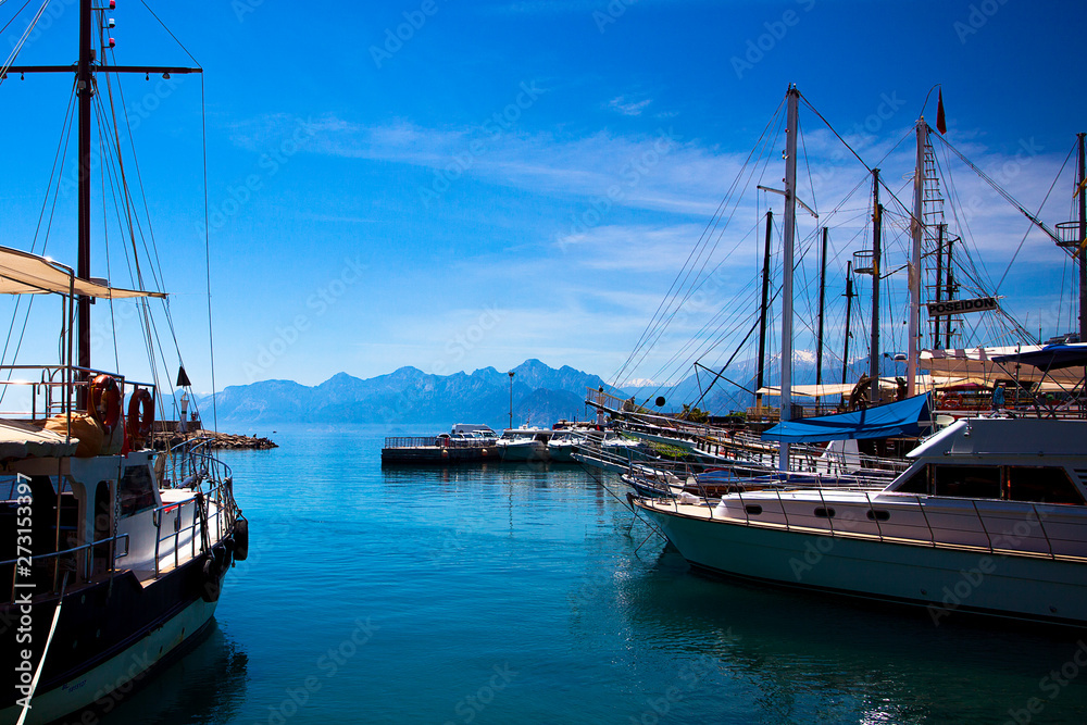 Beautiful view of the Mediterranean Sea, mountains, and ships. Turkey, Antalya.