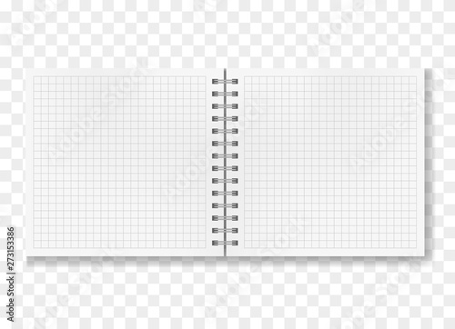 Opened realistic square quad ruled notebook on spiral binder mockup, school notepad blank two page opening. Clear copybook center pages or clean centre page spread with shadow template