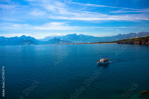 Beautiful landscape of mountains and ship in the Mediterranean sea in Turkey  Antalya.