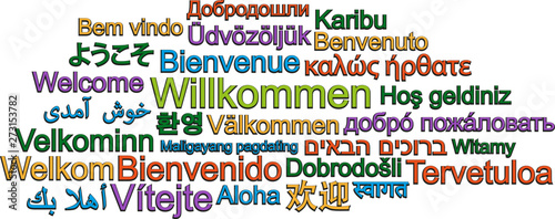 WELCOME word cloud in many different languages vector illustration