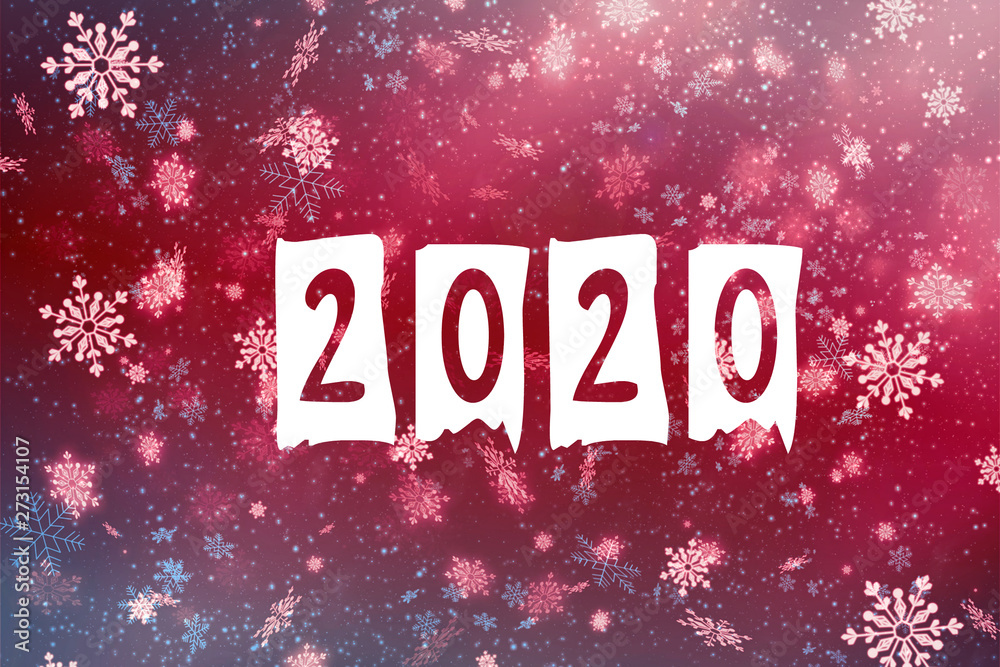 New year-2020. New year's composition, the concept of the New year. Inscription 2020 red background with painted snow and snowflakes. Illustration, copy space. New year-2020. New year's composition, the concept of the New year. Inscription 2020 red background with painted snow and snowflakes. Illustration, copy space.