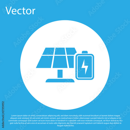 Blue Solar energy panel and battery icon isolated on blue background. White circle button. Vector Illustration