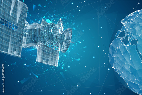 vector 3d background. communication satellite in a volumetric triangular style. abstract caotic particle explosion