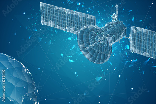 vector 3d background. communication satellite in a volumetric triangular style. abstract caotic particle explosion