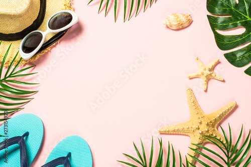 Summer flat lay background. on pink 