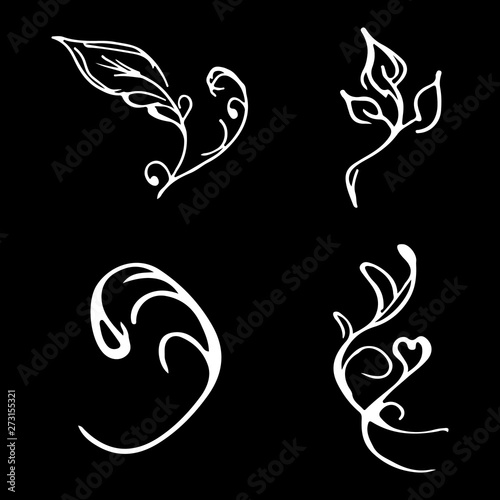 Flowers and branches hand drawn doodle collection isolated on black background. 4 floral graphic elements. Big  set. Outline collection