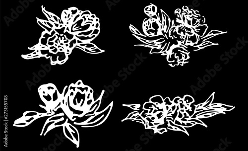 Abstract peonies and roses isolated on black background. Hand drawn floral collection. 4 floral graphic elements. Big  set. Outline icons