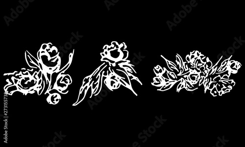 Abstract peonies and roses isolated on black background. Hand drawn floral collection. 3 floral graphic elements. Big  set. Outline icons