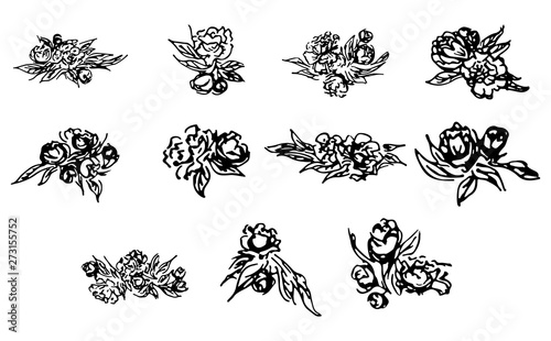 Abstract peonies and roses isolated on white background. Hand drawn floral collection. 11 floral graphic elements. Big  set. Outline icons