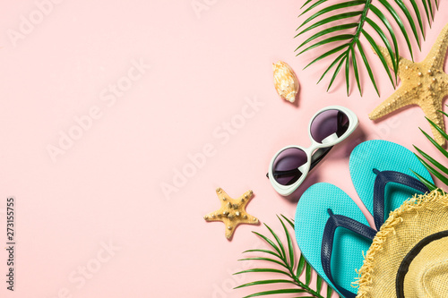 Summer flat lay background. on pink 