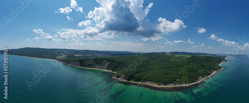 View of drone to the beautiful coastline of Black Sea. Obzor, Bulgaria