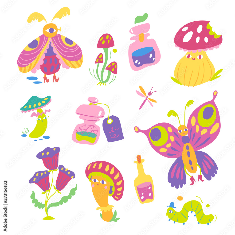 Funny vector fantasy sticker set  with cute wonderland elements. 