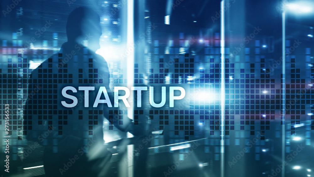 Startup concept with double exposure diagrams blurred background.