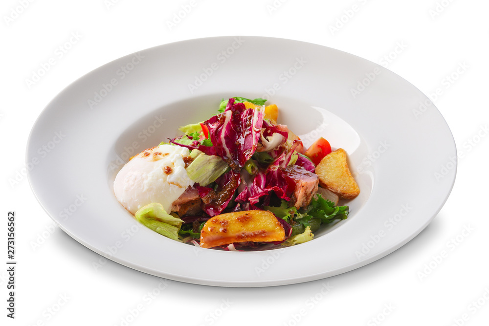 Salad with fried potato, red cabbage, mozzarella, bacon and tomato isolated on white Salad with fried potato, red cabbage, mozzarella, bacon and tomato isolated on white