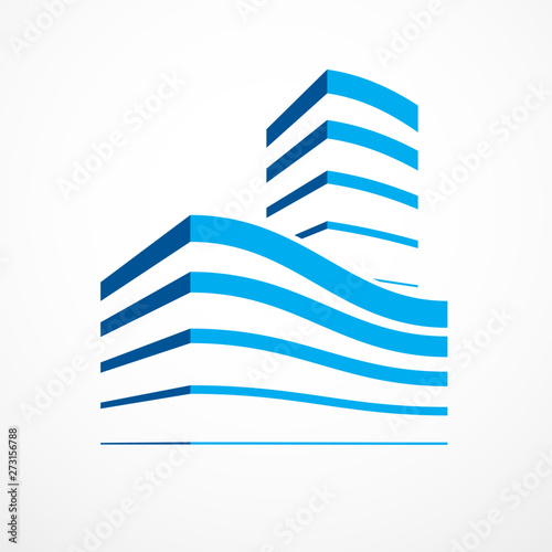 Futuristic building, modern style vector architecture illustration. Real estate realty business center design. 3D business office facade in big city. Can be used as a logo or icon.
