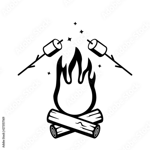Bonfire and marshmallows on sticks. dessert in the forest. Concept of camping and picnic on nature. Retro logo silhouette pattern.