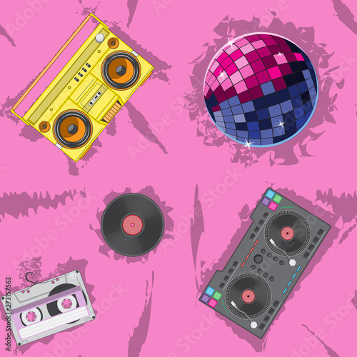 pink seamless pattern mixer vinyl tape recorder cassette player disco ball. vector image