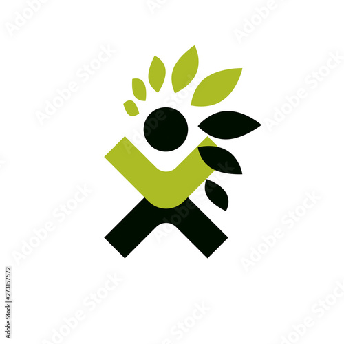 Vector illustration of happy abstract human with reaching up. Go green idea creative logo. Healthy lifestyle metaphor. Vegetarian theme icon.