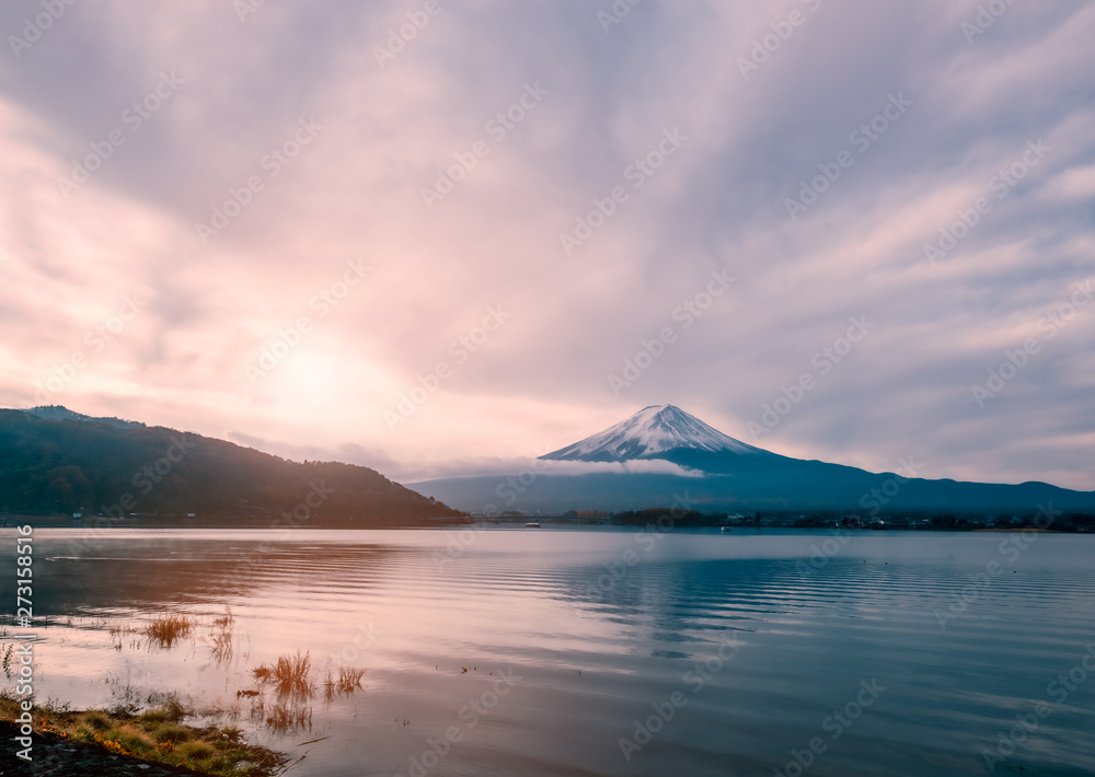 Mt.Fuji at early morning with sunrise , View from Kawaguchiko lake , Yamanashi , Japan