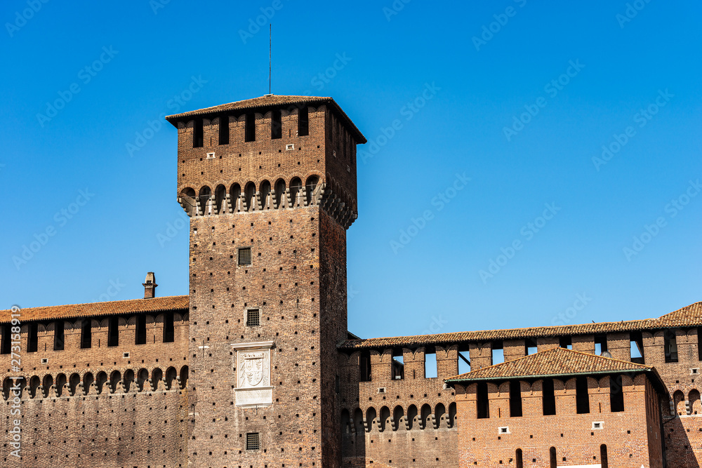 Sforza Castle XV century (Castello Sforzesco) Milan, Lombardy, Italy, Europe. Tower of Bona and Giovia